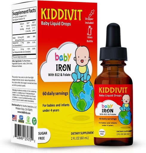[BRSWY23YBZ7RMYL7] Kiddivit Baby Iron Liquid Kapky s vitamínem B12 & Folát - Gentle Iron Support Supplementary - 60 Denní Service, Inulin Fortified Prebiotic Fiber - Cukr zdarma, Gluten zdarma, Vegetarian, 2oz