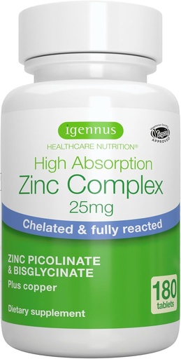 [BRSRMZAYOEJRACL4] Igennus Clean Chelated Cink 25 mg rézzel, Picolinate & Bisglycinate, Magas abszorpciós komplexum, Kiegészítés a nők és férfiak, Lab ellenőrzött, Non-GMO, Immune Support & Skin, 180 tabletta 6 hónapos ellátás