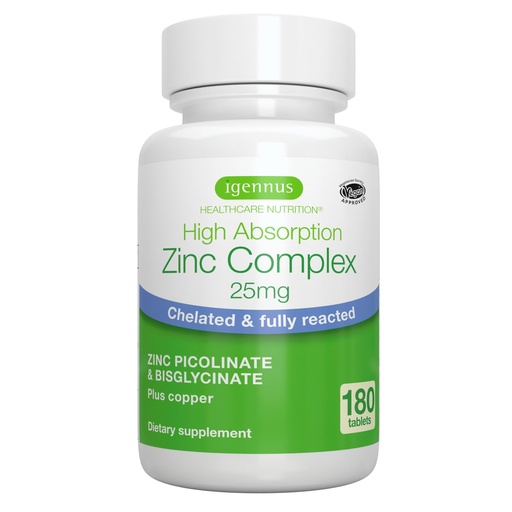 [BRSRMZAYOEJRACL4] Igennus Clean Chelated Zinc 25mg with Copper, Fully Reacted Picolinate & Bisglycinate Complex, High Bioavailability & Gentle on the Gut, Third-Party Tested, Immune & Skin Support, 6 Month Supply