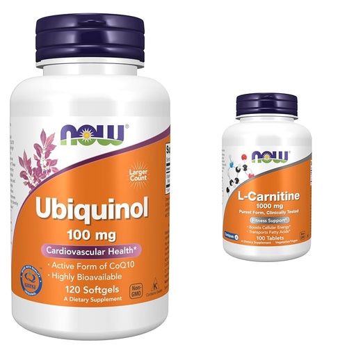 [BRSROCYKAF4G2EIZ] NOW Supplements, Ubiquinol 100 mg, High Bioavailability (the Active Form of CoQ10), 120 Softgels & Supplements, L-Carnitine 1,000 mg, Purest Form, Amino Acid, Fitness Support*, 100 Tablets