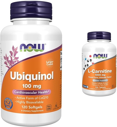 [BRSROCYKAF4G2EIZ] Teraz suplementy, Ubichinol 100 mg, Wysoka dostępność biologiczna (Aktywna forma CoQ10), 120 Softgels & Supplements, L- Carnitine 1000 mg, Najczystsza forma, Amino Acid, Fitness Support *, 100 tabletek