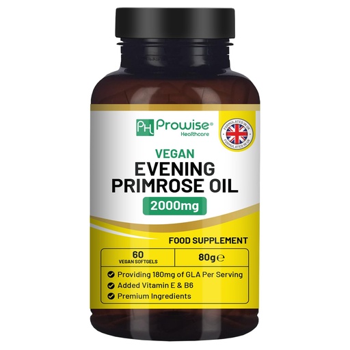 [BRSWKFL4ON5BUEDU] Vegan Evening Primrose Oil 2000mg with Vitamin E & B6 – 60 Vegan Softgels| Pure Cold Pressed I 180mg GLA per Capsule I Women's Health I Premium Quality I by Prowise Healthcare