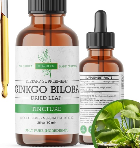 [BRSROBINBYORGDI4] Ginkgo Biloba Extract Liquid 2 Fl Oz, tillägg för hjärnfunktion och minnesstöd, alkoholfri, Vegan - 2 Fl Oz