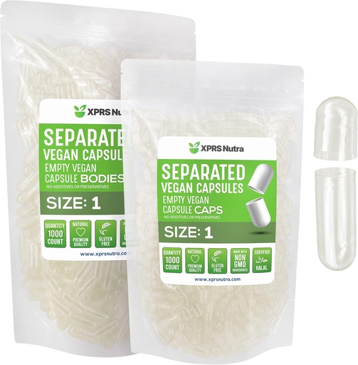 [BRSW2H36CIBQOH3H] XPRS Nutra Vegan Size 1 Separated Capsules - 1000 Count Clear Premium Empty Capsules Separated in Bags - Pills 1 for DIY Supplement Filling