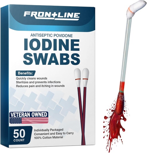 [BRSRAED7B4MQMHL2] FrontLine Povidone Iodine Swabs, Antiseptic Swabsticks, Iodine Solution, Cleansing Cotton Swab, Individually Wrapped Medical Supplies, Wound Care, First Aid, Wound Cleaner, Box of 50