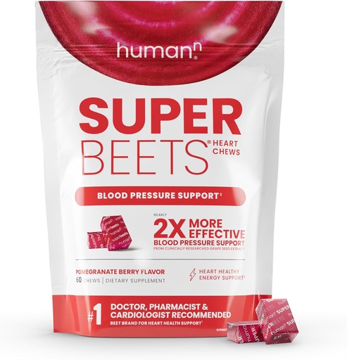 [BRSWGAI3BB4BE2TU] Humann SuperBeets Heart Chews, Oxyde nitrique et soutien de la pression artérielle, Extrait de graines de raisin et Supplément d'énergie de poudre de betterave non-OGM de betterave, Flaveur de baies de grenade, 60 Compte