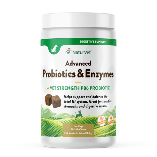 [BRSWKZDQAUAR4A3E] NaturVet Advanced Probiotics & Enzymes Dog Supplement - 70 Soft Chews | Vet Strength PB6 Probiotic - Made in the USA with Globally Sourced Ingredients