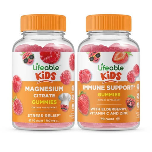 [BRSW2H33BF7BADL4] Lifeable Magnesium Kids + Immune Support Kids, Gummies Bundle - Great Tasting, Vitamin Supplement, Gluten Free, GMO Free, Chewable Gummy
