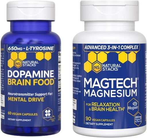 [BRSWYAQTA5YQ2DLU] NATURAL STACKS Dopamine Brain Food + Magtech Magnesium Bundle - Complejo de Magnesio Chelated - Soportes Brain Health & Mental Drive* - 150 cápsulas totales