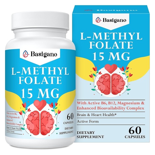 [BRSROGI7BNYQGHL2] 15mg L Methylfolate (5-MTHF)- Active Folic Acid-Enriched with Vitamins B6 and B12-60 Vegetarian Capsules - Non-GMO, Gluten-Free