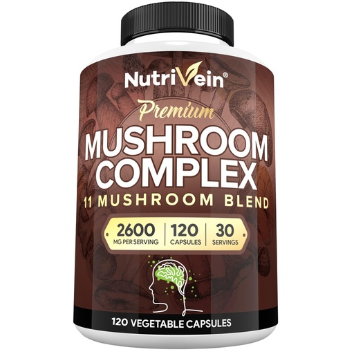 [BRSWGHY6BMMRQAD7] Nutrivein Premium Mushroom Supplement 2600 mg- Bottle 120 Capsules- 11 Nootropic Mushroom Complex - Lion's Mane, Cordyceps, Chaga, Reishi, Turkey Tail,Maitake,Shiitake, Agaricus, White Button, Oyster