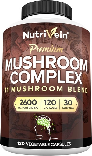 [BRSWGHY6BMMRQAD7] Nutrivein Premium Pilzergänzung 2600 mg- Flasche 120 Kapseln- 11 Nootropic Mushroom Complex - Lion's Mane, Cordyceps, Chaga, Reishi, Türkei Tail,Maitake,Shiitake, Agaricus, White Button, Oyster