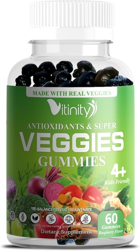 [BRSRO2QLB4FAKEIY] VITINITY Made with Real Super Veggies Delicious Gummy Supplement,Men,Women &amp; Kids(60 Chews),30 verduras,Herbs,Fruit and Vegetable Vitamins,No-GMO,Pectin-Based,Gluten-Free,No más pastillas (30 Day Supply)