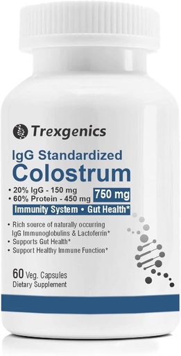 [BRSW2CYEAACROA3A] Trexgenics Colostrum 750 mg, 20% IgG, 60% Protein, Immunity, Gut Health Support Vegetarian & Non-GMO (60 Veg. Capsules) (Pack of 1)