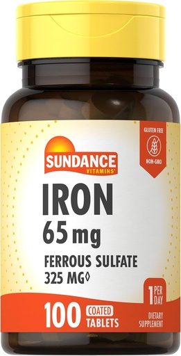 [BRSWKED2OMFREDI5] Sundance Iron Supplement Ferrous Sulfate 325mg | 100 Tablets | Vegetarian, Non-GMO, and Gluten Free