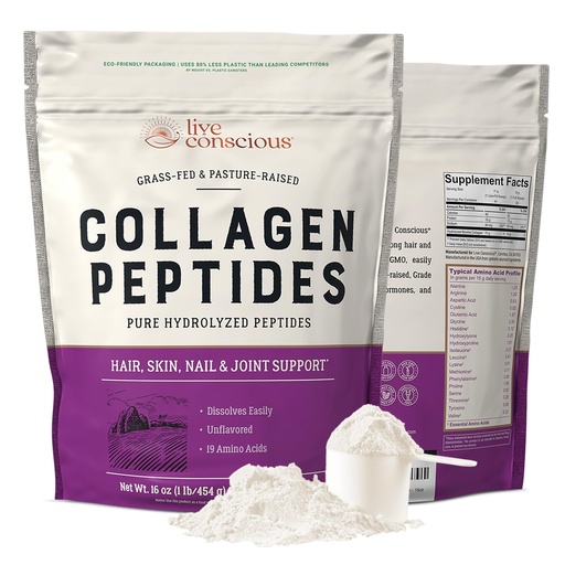 [BRSWGFIQOF5QEFL2] Live Conscious Collagen Peptides Powder - Naturally-Sourced Hydrolyzed Collagen Powder - Hair, Skin, Nail, and Joint Support - Type I & III Grass-Fed Collagen Supplements for Women and Men - 16oz