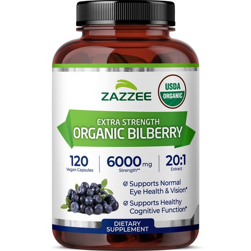 [BRSROBL4C4MRGD3K] Zazzee USDA Organic Bilberry 20:1 Extract, 120 Capsules, 4 Month Supply | Vegan, Vaccinium Myrtillus, Eye Health, Vision & Antioxidant Support, All-Natural, Non-GMO, Made in the USA