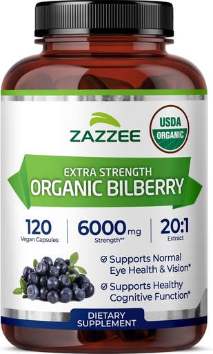 [BRSROBL4C4MRGD3K] Zazzee USDA Organic Bilberry 20:1 Extract, 6000 mg Strength, 120 Vegan Capsules, 4 Month Supply, Standardized and Concentrated 20X Extract, 100% Vegetarian, All-Natural, Non-GMO, Made in The USA