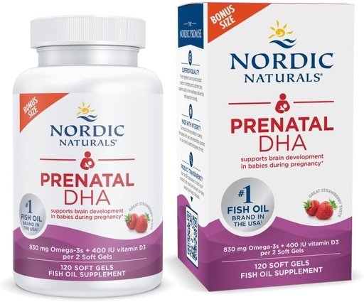 [BRSWG2YDOYIA4CT6] Naturales nórdicos Prenatal DHA, Fresa - 120 Gels blandos - 830 mg Omega-3 + 400 UI Vitamina D3 - Apoya el desarrollo del cerebro en bebés durante el embarazo y lactancia - No GMO - 60 Actuaciones