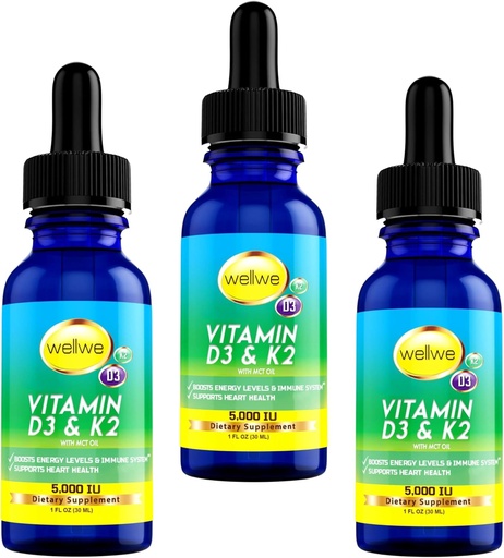 [BRSWYFIKCQCQI33K] Liquid Vitamin D3 K2 Drops with MCT Oil 5000 IU - Vegan, No Taste, No Odor, Soy-Free, Gluten Free, Non-GMO, 1000 IU per Drop, Boosts Energy & Immune System (3 Pack)