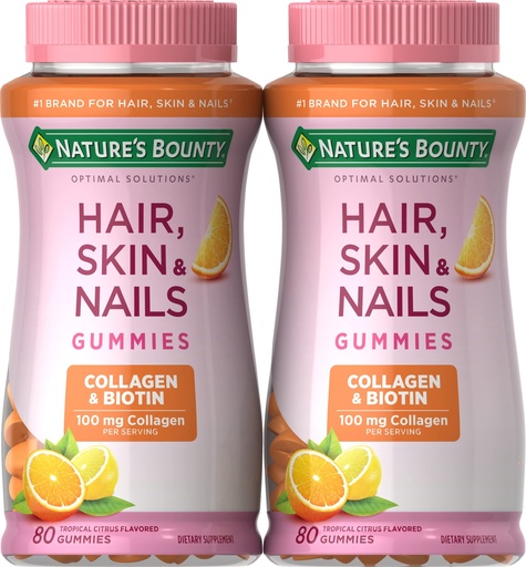 [BRSWGCQKOQMQODQ2] Nature's Bounty Hair, Skin & Nails with Biotin and Collagen, Citrus-Flavored Gummies Vitamin Supplement, Supports Hair, Skin, and Nail Health for Women, 2500 mcg, 80 Ct (2 Pack), 80 Total Servings