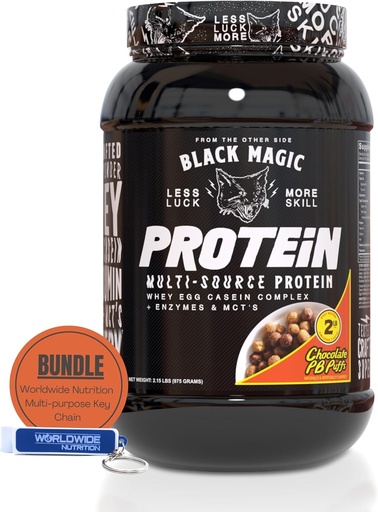 [BRSRMHQ5AUAQMFA7] Worldwide Nutrition Bundle: Black Magic Multi-Source Casein Protein Powder-Whey, Egg Albumin Enzymes, Micellar Casein & MCT-Muscle Mass Gaining Bodybuilding-Chocolate PB Puffs 2LB & Keychain