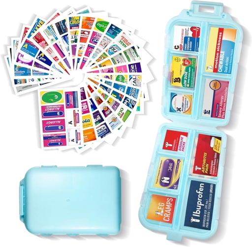 [BRSROCQRBECWGFA4] Pill Organizer with Medicine Labels 161 Labels Travel Daily Pill Container Mini Medication Organizer Storage Pill Organizer Travel Essentials Pill Case 7 Day (Blue, 1 Pack)