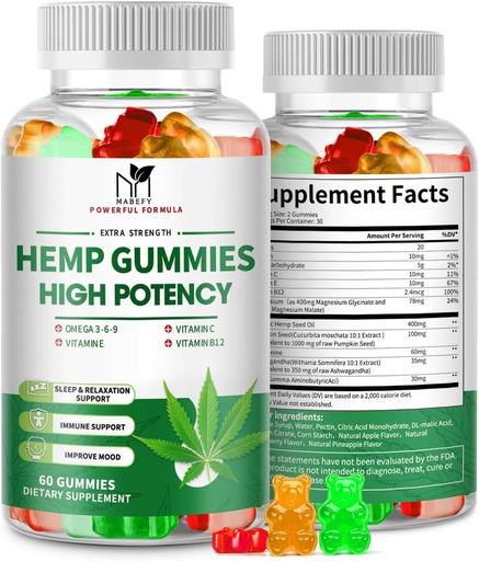 [BRSRAHADAUIRADLD] 2 Pack Hemp Gummies for Pain, Sleep, Relaxation - Extra Strength with Magnesium & Vitamins - High Potency Natural Hemp Oil Extract Supplement, Vegan Gummy Bears