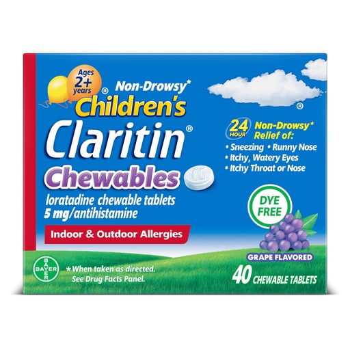 [BRSWG2QLA4AR4EQV] Claritin Children's Allergy Medicine, 24-Hour Non-Drowsy Loratadine 5mg Chewable Tablet, Antihistamine for Kids Ages 2 Years and Older, Grape Flavored, Dye-free, 40 Tablets