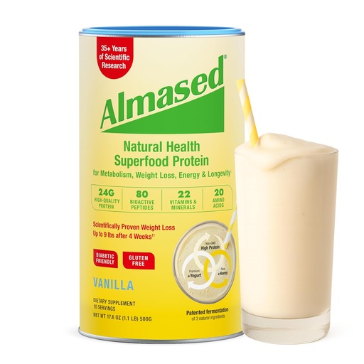 [BRSW2AAOPMIBQ3YV] Almased Vanilla Maleal Replacement Shake - Low-Glycemic High Plant Base Protein Pulveris - Uztura Svars Veselības atbalsta papildinājums - Vanilla Flavor - 17,6 oz (1,1 Pound (1 Pack))
