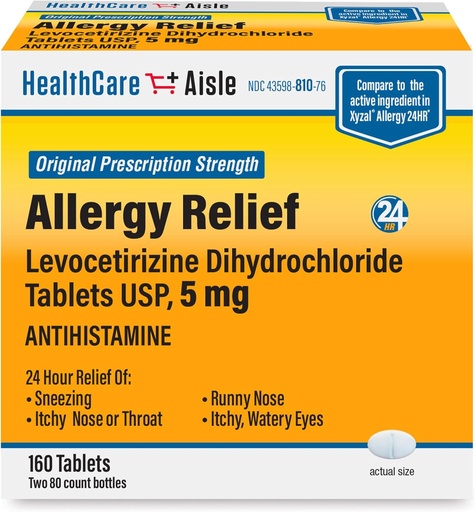 [BRSWGGQNOUHWGHLX] HealthCareAisle Allergia Relief - Levocetiritsiinidikloriditabletit USP, 5 mg, 160 tablettia, alkuperäinen reseptin vahvuus Allergialääkkeet, 24 tunnin helpotus, 80 (pakkaus 2)