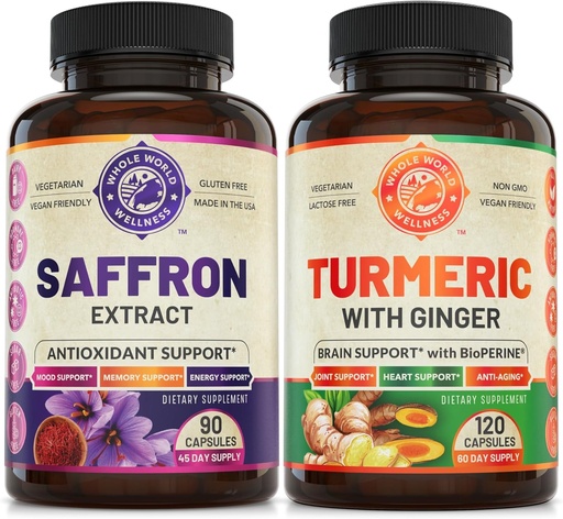 [BRSROBICAACWCH3P] Pure Saffron Extract & Organic Turmeric Curcumin Bundle (One Bottle Each). Támogatja Mood, Energy Boost, Metabolikus funkció. USA Made.