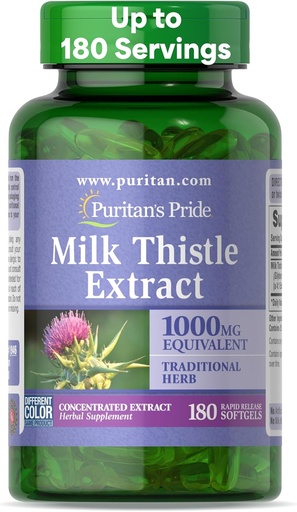 [BRSWIFYAO57QYCTA] Puritan's Milk Thistle 4:1 Extract 1000mg 180 Softgels (Silymarin) Liver Health