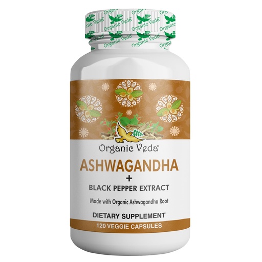 [BRSWIAQRB4EAICA5] Organic Ashwagandha Capsules Full Strength with Black Pepper Extract - 120 Veg Capsules.