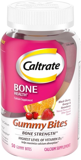 [BRSWIZ3ZBYCGIEIZ] Caltrate Gummy Bites 500 mg Calcium and Vitamin D Supplement, Black Cherry, Strawberry, Orange - 50 Count