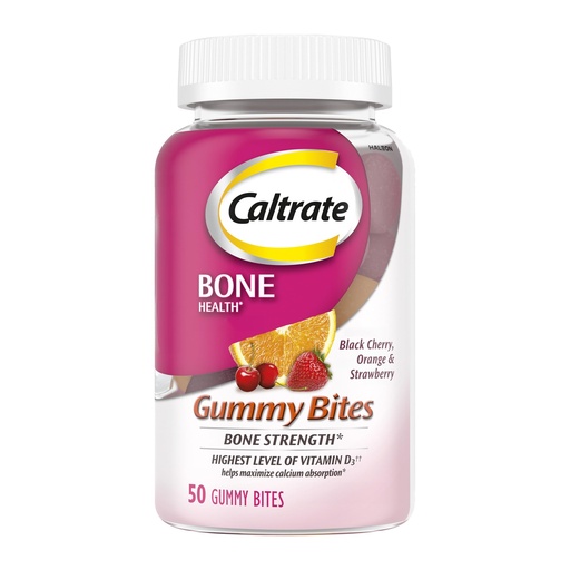 [BRSWIZ3ZBYCGIEIZ] Caltrate Gummy Bites 500 mg Calcium and Vitamin D Supplement, Black Cherry, Strawberry, Orange - 50 Count