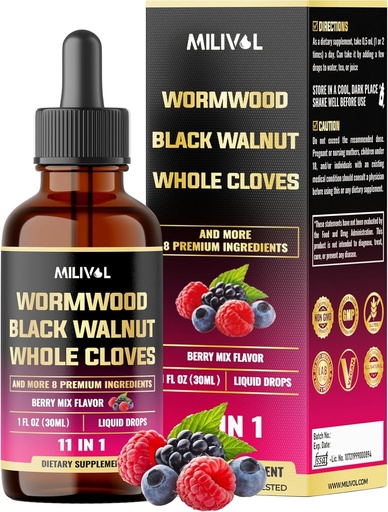 [BRSRAHQCCUNQOG3H] 11in1 黑胡桃 Wornut Wormwood Tincture 提取器,配有全克隆、柏柏林和 8 More - 2 个月供应 - 1 Fl Oz - Berry Mix Flavor