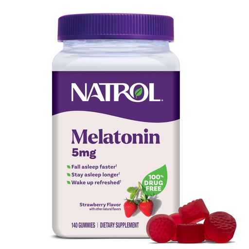 [BRSRMCT6BMMQAFA3] Natrol 5mg Melatonin Gummies, Sleep Support for Adults, Melatonin Supplements for Sleeping, 140 Strawberry-Flavored Gummies, 70 Day Supply