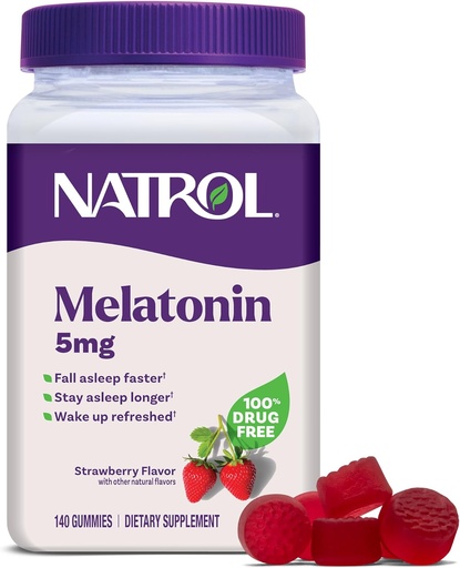 [BRSRMCT6BMMQAFA3] Natrol Melatonin Gummies, Sleep Support, 140 Strawberry-Flavored Adult Melatonin Gummies, 5 mg Sleep Aids for Adults