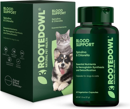 [BRSRAFIHO4IWGDTF] Rooted Owl Blood Support - Immunity, Recovery and Iron Supplement for Dogs & Cats - Anemia Support with Spirulina and Chlorella - 60/ct Vegan Capsules