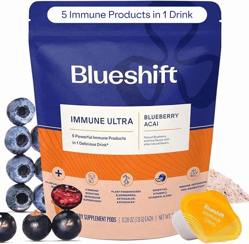 [BRSRMBICAFYWMAI4] Blueshift Immune Ultra - 5-in-1 Immune Support Powder Drink Mix, Immune Defense Vitamin Supplement with Vitamin C, Zinc, Superfoods, Antioxidants, Pre and Probiotics - Blueberry Acai Pods (14 Pack)