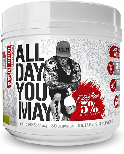 [BRSW22QTBYPQKHY7] 5% Ernæring Rich Piana AllDayYouMay BCAA Powder ® Premium Intra & Post Trening Aminosyrer, Hydrasjon, Utholdenhet, Muskelgjenvinning, Felles & Liver Support ® 15,3 oz, 30 Serveringer (Lemon Lime)