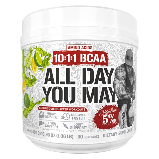 [BRSW22QTBYPQKHY7] 5% Nutrition Rich Piana AllDayYouMay BCAA Powder | Premium Intra & Post Workout Amino Acids, EAA, Electrolytes for Endurance, Hydration, Muscle Recovery, Joint & Liver Support | 30 Srvgs (Lemon Lime)