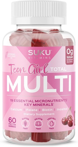 [BRSROZTYOYMB633L] SUKU Teen Girl Multivitamin Gummies - 비타민 A, B12, C, D3, E, Biotin & 아연 - 피부, 에너지, 면역 및 뼈 건강을 위한 설탕 자유로운 채식 보충교재 – 체리 맛 – 60 조사