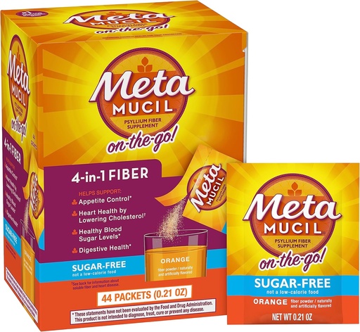 [BRSWIYIHOAIBSC3E] Metamucil On-the-Go Packets, Sugar- Free, 44 Packet, 4 in-1 Psyllium Husk Fiber Suplement, Orange Flavored, Individual Servings Great for Travel, Fiber Suplemen for Digetical Health and Regularitas