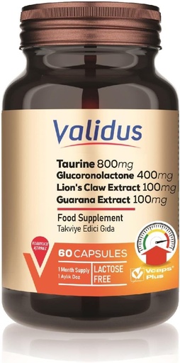 [BRSRAAQYBANA2FL6] VALIDUS Taurine 800 mg + Glucoronolactone 400 mg + Lion's Claw Extract 100 mg + Guarana Extract 100 mg 60 Capsules