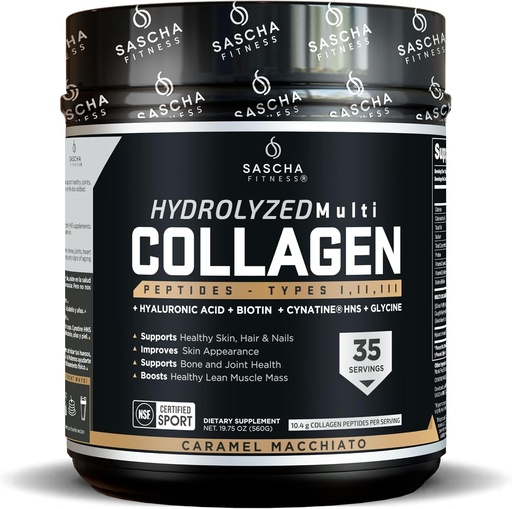 [BRSRMYYHAENREHLZ] SASCHA FITNESS Hydrolyzed Multi Collagen Peptides Tipes 1,2 & 3 |Hyaluronic Acid|Biotin |Cynatine HSN|Vitamin C & E |for Hairs, Skin & Bone Support|Caramel Macchiato