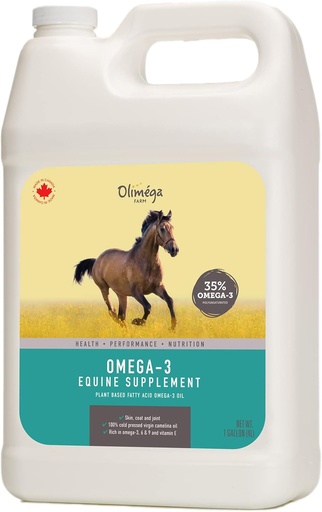 [BRSRMALYCMNAYC3O] Óleo de camelina para cavalos, 1 galão pela fazenda Olimega, alto em Omega-3 & Vitamina E, suporte para juntas saudáveis, casaco e pele, puro e frio Pressionado, suplemento conjunto, feito no Canadá