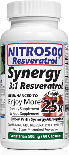 [BRSW2FQ2BF7RQHLK] Nitro Synergy Resveratrol (Nitro500) with Up to 25x Solubility - 60 Vegetarian Capsules - 30 Servings - 500 mg per Serving