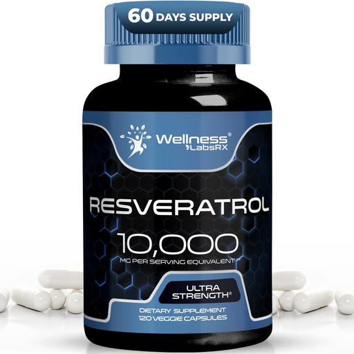 [BRSRAEIKOAPQECLD] WELLNESS LABSRX Resveratrol Supplement 1000mg, 120 Capsules (60 Days Supply), Ultra-Strength High Purity Trans-Resveratrol for Healthy Aging, Anti-Aging and Heart Health Support - Vegan, Keto
